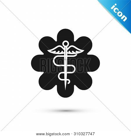Black Emergency Star - Medical Symbol Caduceus Snake With Stick Icon Isolated On White Background. S