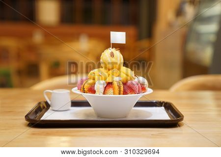 Bingsu, Asian Ice, Fresh Summer Dessert With Macron, Strawberry, Almond And Vanilla Ice Cream. Shave