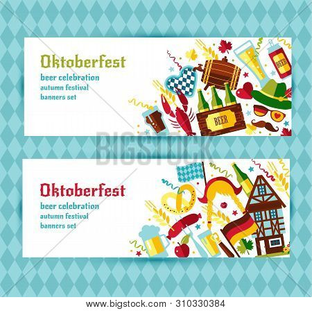 Flat Design Banners Set With Oktoberfest Celebration Symbols. Oktoberfest Celebration Design With Ba