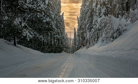 Mountain Road Highway 120 Towards Yosemite, California, Usa, On A Winters Day Featuring Snow On The 