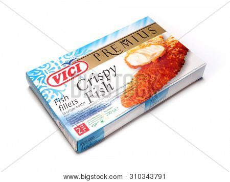Kiev, Ukraine - February 1, 2019: 
 Viciunai Group was established in 1991. The company is one of the largest producers of crab taste sticks, surimi products and fish in Europe. Brand name âViciâ 