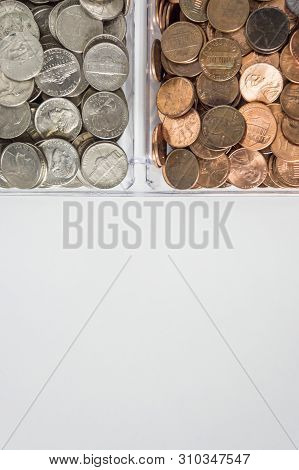 Organized Loose Coin Change On Top Side, Blank Empty Room Space For Text Bottom