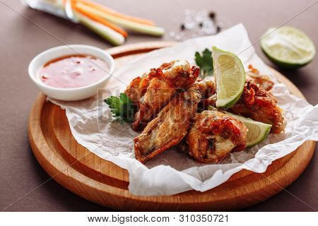 Chicken Buffalo Barbecue Wing Spicy Hot Sauce. American Fried Crispy Meat Platter With Red Spice, Le