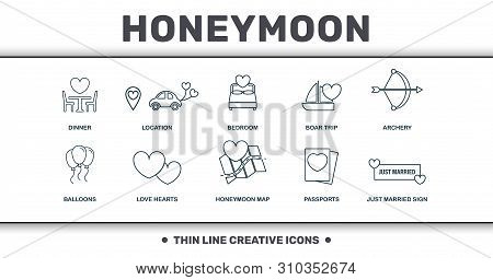 Honeymoon Icons Thin Line Set Collection. Includes Creative Elements Such As Dinner, Rings, Badroom,