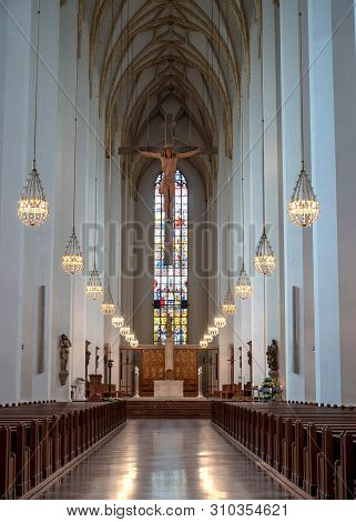 Munich, Bavaria, Germany - May 29, 2019. Interior Of Frauenkirche Facing The Altar And No Person, Ve