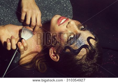 Pretty Girl Or Sexy Woman Putting Holiday, Glitter Makeup, Sparkling Eye Shadow, Rosy Lips, With Mak