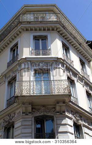 Fragment Of A Beautiful Old Building Against The Blue Sky.closeup.chambery.france.