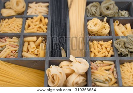 A Collage With Different Stuffed Pasta Such As Fusillini, Sedani Rigati, Spaghetti, Linguine, Fettuc