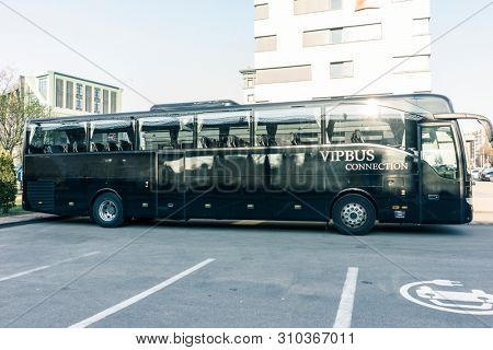 RUSSIA, KALININGRAD KOENIGSBERG -APRIL 13, 2019 : Modern Black Passenger Bus on the Parking Lot