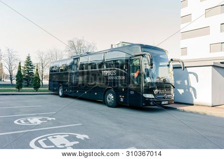 RUSSIA, KALININGRAD KOENIGSBERG -APRIL 13, 2019 : Modern Black Passenger Bus on the Parking Lot