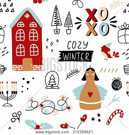 Seamless Pattern With House, сandle, Trees, Bird, Gloves, Gift, Girlands And Hand Drawn Shapes. Chri