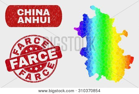 Rainbow Colored Dotted Anhui Province Map And Watermarks. Red Round Farce Distress Seal. Gradiented 