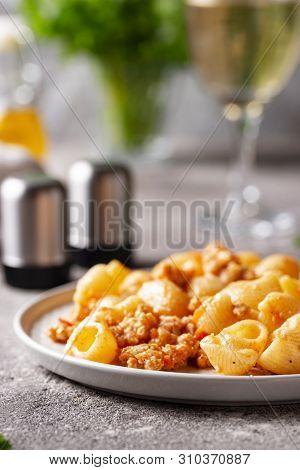 Pasta Bolognese With Meat Sauce. Tradidtional Italian Dish