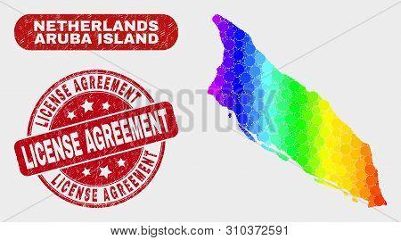 Spectral Dotted Aruba Island Map And Seals. Red Round License Agreement Grunge Stamp. Gradiented Spe