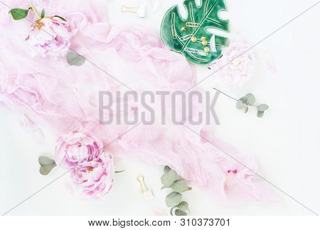 Creative Moern Wedding Composition Mock Up, Pink Blanket, Flowers, Eucalyptus Branches On White Desk
