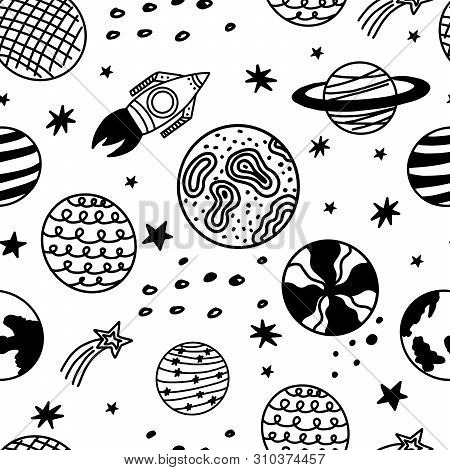 Seamless Pattern With Hand-drawn Space Elements On A White Background. Doodle Style. Vector Illustra