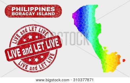 Rainbow Colored Dotted Boracay Island Map And Seal Stamps. Red Rounded Live And Let Live Scratched S