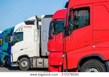 Warshaw region, Poland - June, 30, 2019: trucks on a parking in Poland
