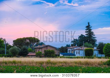 Rovigo, Italy - July, 2, 2019: landscape with the image of Rovigo at sunset