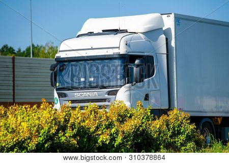 Warshaw region, Poland - June, 30, 2019: truck on a parking in Poland