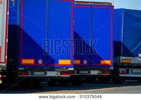 Warshaw region, Poland - June, 30, 2019: trucks on a parking in Poland