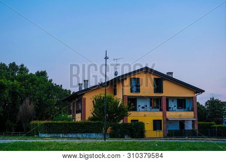 Rovigo, Italy - July, 2, 2019: landscape with the image of Rovigo at sunset