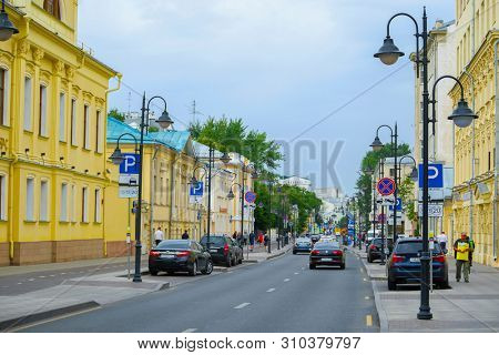 Moscow, Russia - June, 27, 2019: wiew to Novokuznetskaya street in a center of Moscow
