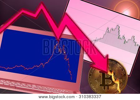 Concept Of Bitcoin Or Cyber Currency On Fire As Price Crash Occurs. Laptop Shows Falling Price Graph