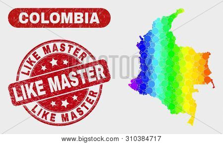 Rainbow Colored Dot Colombia Map And Stamps. Red Round Like Master Grunge Watermark. Gradiented Rain