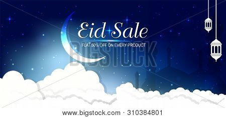 Sale Banner Or Sale Poster For Festival Of Eid Mubarak, Web Header Or Banner Design With Crescent Mo