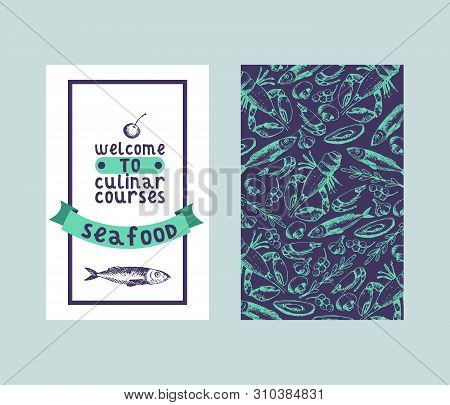 Culinar Courses Seafood Seamless Pattern And Sketch Vector Illustration For Restaurant Menu. Fresh F