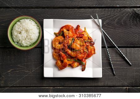 Ketchup Shrimp Top Overhead View. Ketchup Shrimp Plate With Bowl Of Rice And Chopsticks Viewed From 