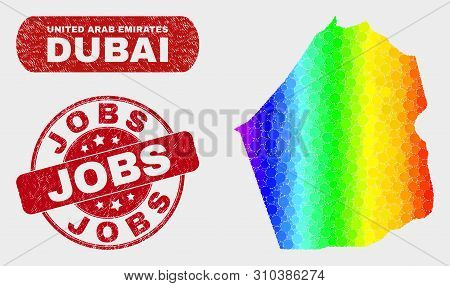 Spectral Dotted Dubai Emirate Map And Rubber Prints. Red Round Jobs Grunge Stamp. Gradiented Spectru