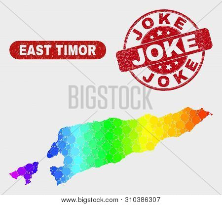 Rainbow Colored Dotted East Timor Map And Seal Stamps. Red Rounded Joke Textured Stamp. Gradient Rai