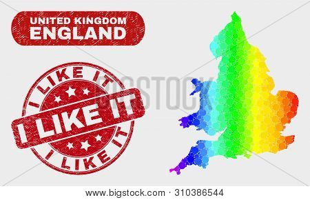 Rainbow Colored Dotted England Map And Seals. Red Rounded I Like It Distress Watermark. Gradiented R