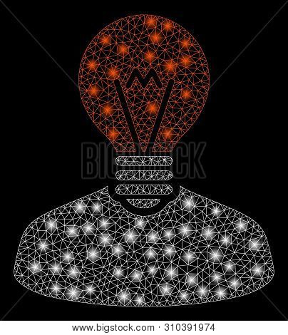 Glossy Mesh Inventor With Lightspot Effect. Abstract Illuminated Model Of Inventor Icon. Shiny Wire 
