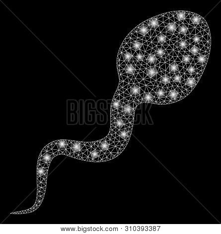 Glossy Mesh Spermatozoon With Glitter Effect. Abstract Illuminated Model Of Spermatozoon Icon. Shiny