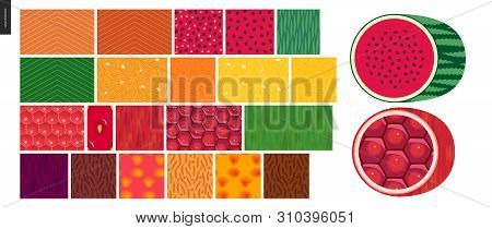 Food Patterns - Vegetable And Fruit, Flat Vector Illustrated Seamless Patterns -salmon, Watermelon, 