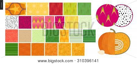 Food Patterns - Vegetable And Fruit, Flat Vector Illustrated Seamless Patterns -pineapple, Dragon Fr