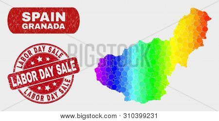 Spectrum Dot Granada Province Map And Seals. Red Round Labor Day Sale Grunge Seal. Gradiented Rainbo