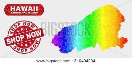 Spectrum Dot Kahoolawe Island Map And Seal Stamps. Red Round Shop Now Textured Stamp. Gradient Spect