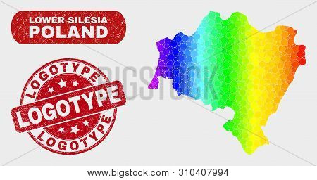 Spectral Dot Lower Silesia Province Map And Watermarks. Red Round Logotype Textured Seal. Gradient S