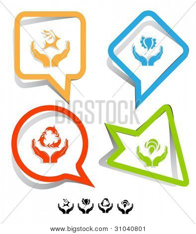 Set di icone animali. Protezione natura, cervo in mani, uccello nelle mani, ape nelle mani.  Adesivi di carta. VEC