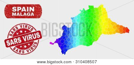Spectrum Dot Malaga Province Map And Rubber Prints. Red Round Sars Virus Grunge Stamp. Gradient Rain