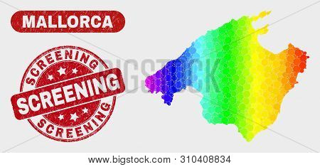 Rainbow Colored Dotted Mallorca Map And Watermarks. Red Rounded Screening Scratched Seal Stamp. Grad