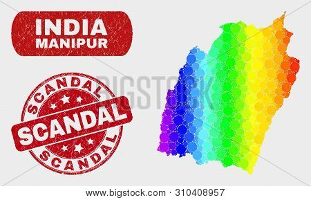 Rainbow Colored Dot Manipur State Map And Seals. Red Rounded Scandal Distress Stamp. Gradient Rainbo