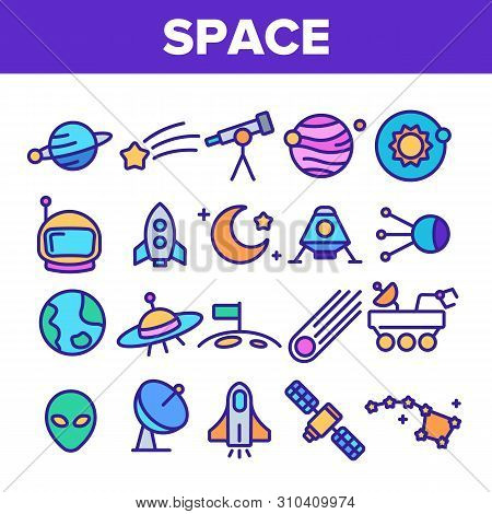 Space Exploration Vector Thin Line Icons Set. Outer Space, Extraterrestrial Life Linear Pictograms. 