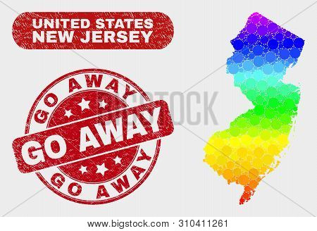 Rainbow Colored Dotted New Jersey State Map And Stamps. Red Round Go Away Grunge Seal. Gradient Rain