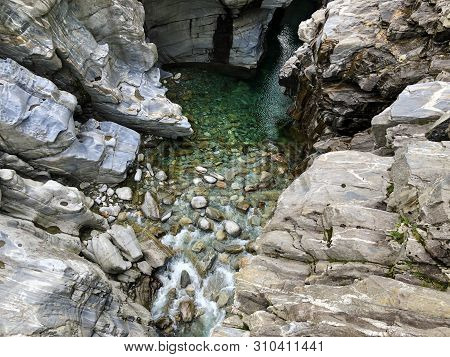 Granite Rock Formations In The Maggia River In The Maggia Valley Or Valle Maggia, Tegna - Canton Of 