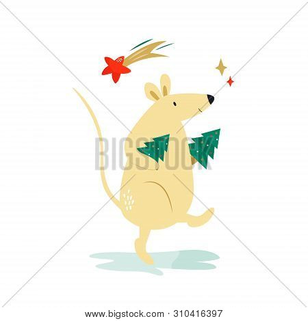 Cute Funny Mouse With Christmas Trees. Chinese New Year Concept. Vector Holiday Illustration